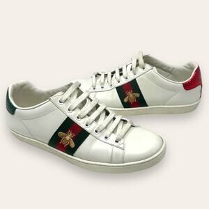 Gucci Ace Web Low Top Sneaker Embroidered Bee Motif White Leather 37.5 Women’s